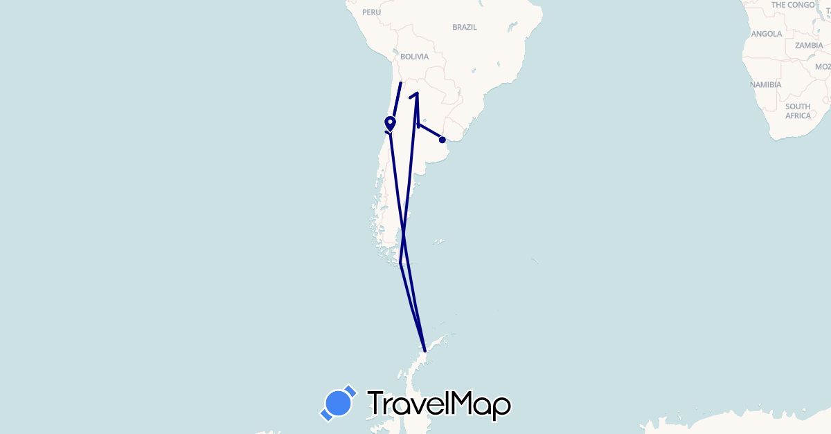 TravelMap itinerary: driving, plane in Argentina, Chile, Uruguay (South America)
